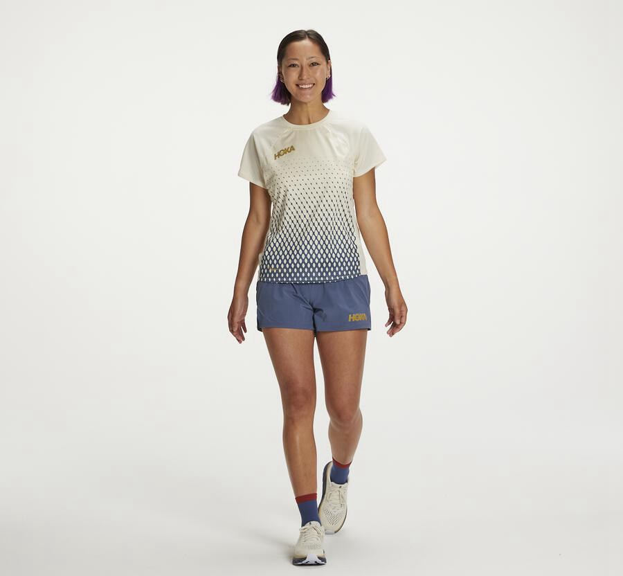 Hoka One One Top Dame - Performance Kort Sleeve - Blå/Hvide - 673549BCO